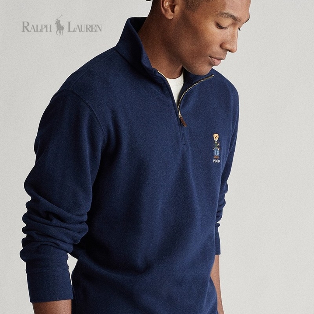 Polo Bear 1/4 Zip Pullover Navy Blue Large Cotton